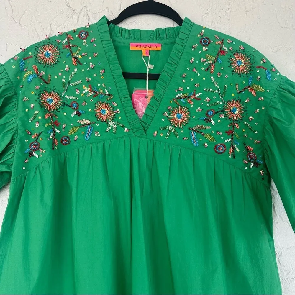 VILAGALLO Dress Women Size 40/8 Eliza Green Boho Beaded‎ Tunic Peasant